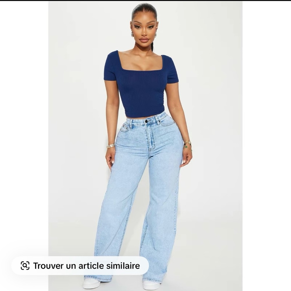 Blue Ribbed Crop Top and Light Blue Jeans
